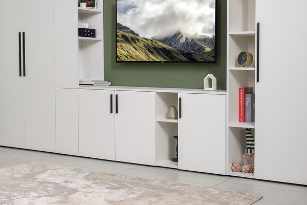 Тумба под ТВ Эйр 16.55 белый PE шагрень, собирается на любую сторону