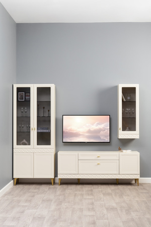 Гостиная Марион композиция 2 слоновая кость С341 PE, слоновая кость 6898 ПВХ, белый PE шагрень (собирается на любую сторону)