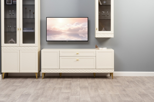 Гостиная Марион композиция 2 слоновая кость С341 PE, слоновая кость 6898 ПВХ, белый PE шагрень (собирается на любую сторону)