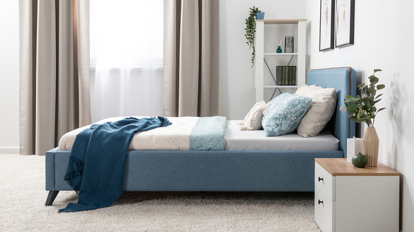 Кровать Миа 180 светло-синий, кант желтовато-коричневый с ортопедическим основанием и подъемным механизмом