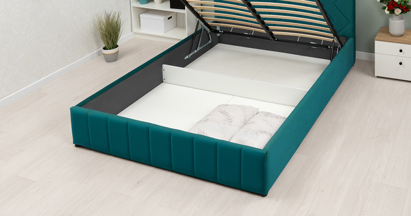 Кровать Милана 160 велюр сине-зеленый с ортопедическим основанием и подъемным механизмом