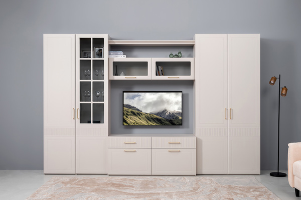 Тумба под ТВ Ричфорд 16.61 кашемир 5981 BS, моно керамика D166-2 ПВХ, белый PE шагрень