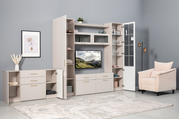 Гостиная Ричфорд композиция 2 без карнизов, кашемир 5981 BS, моно керамика D166-2 ПВХ, белый PE шагрень (собирается на любую сторону)