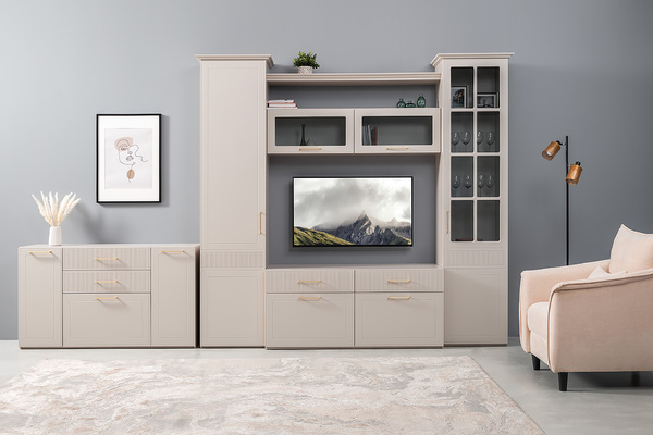 Тумба под ТВ Ричфорд 16.61 кашемир 5981 BS, моно керамика D166-2 ПВХ, белый PE шагрень