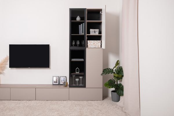 Гостиная Роквуд композиция 1 Эмили Блаш U9135, Крем 2482 ПВХ, закаленное тонированное стекло, собирается на любую сторону